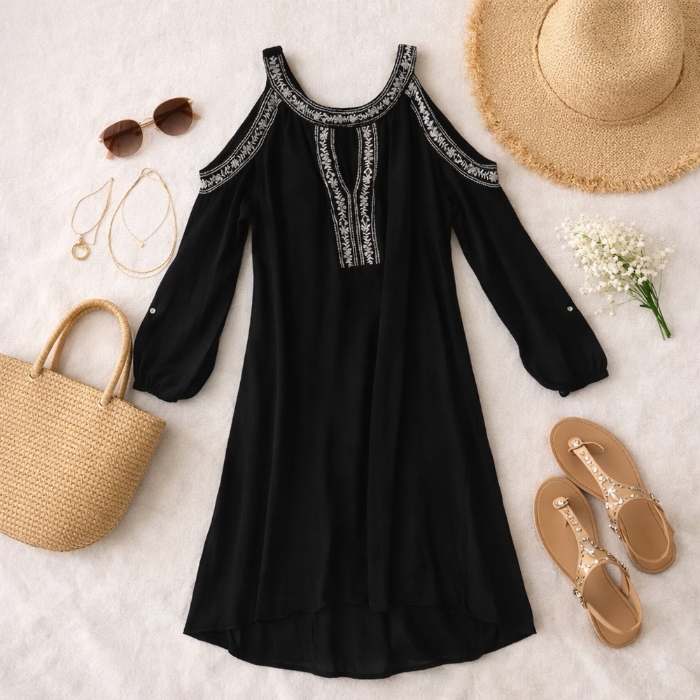 Time and Tru Black Cold Shoulder Midi Dress